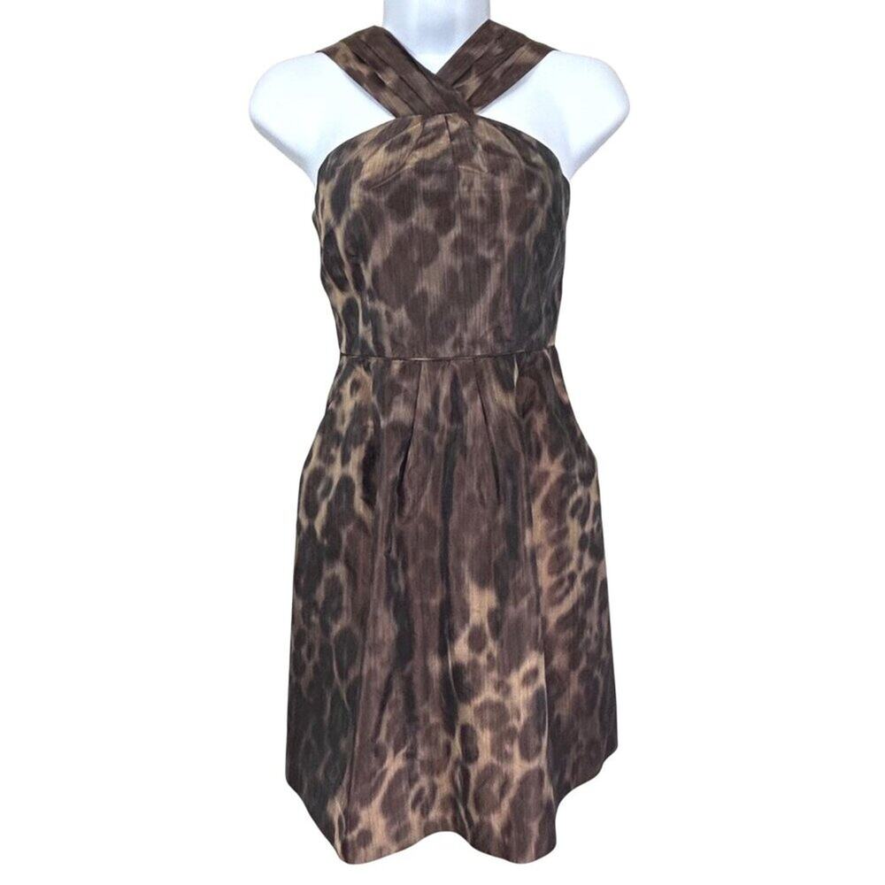 Banana Republic Satin Cocktail Leopard Mini Dress cross front Sleeveless Size 0P